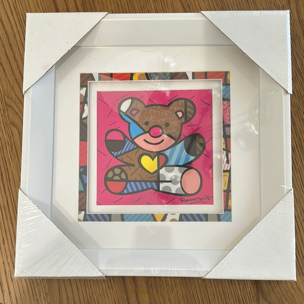 Romero Brito Colorful Bear Art Print in White Frame Certificate of Athenticity